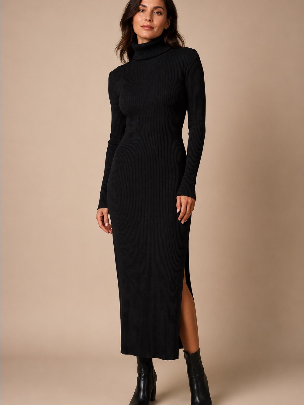 Open Edit Black Ribbed Turtleneck Midi Dress Size Medium